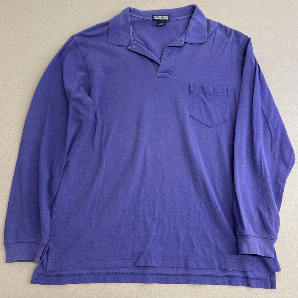 Lands End Mens Purple Long Sleeve Cotton Pique Polo Shirt Large 42-44 Pockets